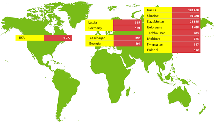 Карта распространения заражённых мобильных устройств, формирующих бот-сеть (изображение: drweb.com)